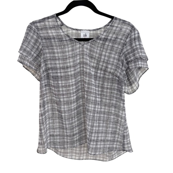 CAbi Tops - Cabi Sheer Fairy Goth Black White Grid V-Neck Tiered Flutter Sleeve Blouse XS